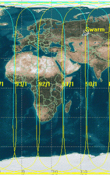 Zobrazení prvních 90 obletů družic Swarm kolem Země.