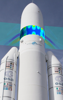 Illustration of deformation of heat insulation panel and surrounding current field on Ariane 5 launcher.