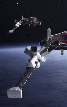 3D ilustrace mise Swarm na oběžné dráze ve výšce kolem 500 kilometrů nad Zemí.